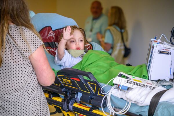 Oh Sunday, Sept. 29, 2024, Children's Healthcare of Atlanta moved all 202 patients at its Egleston hospital to the new 19-story Arthur M. Blank Hospital. Egleston is now closed.  This child was one of the patients moved. (Photo Courtesy of CHOA)