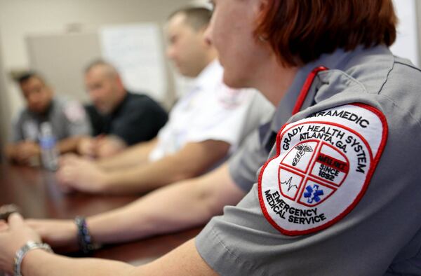 The Grady Health System EMS patch on Gail Stallings’ shirt. JASON GETZ / SPECIAL