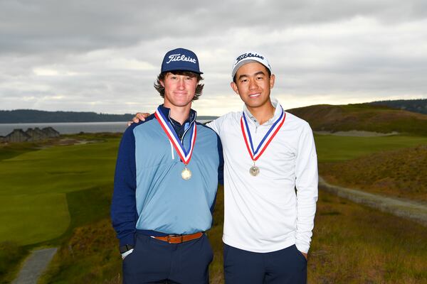 David Ford, left, of Peachtree Corners, and Kelly Chinn, of Glen Falls, Va. were the stroke-play medalists of the 6th U.S. Amateur Four-Ball with a 36 hole total of 16-under-par 127, one off the championship scoring mark. The 2021 U.S. Amateur Four-Ball is being played at Chambers Bay in University Place, Wash. on Sunday, May 23, 2021. (Robert Beck/USGA)