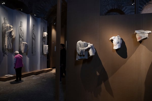 FILE - Medieval sculptures of Notre-Dame cathedral's jube are displayed at the exhibition "Making stones speak", at the Cluny Museum, National Museum of the Middle Ages, in Paris, on Nov. 27, 2024. (AP Photo/Louise Delmotte, File)