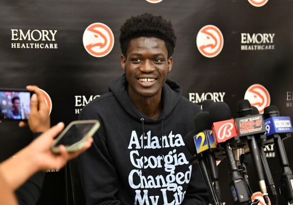 Atlanta Hawks forward Mouhamed Gueye takes questions during team exit interviews on Friday, April 19, 2024, in Brookhaven. (Hyosub Shin / Hyosub.Shin@ajc.com)