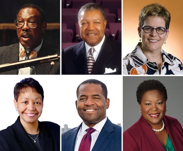 Recent Atlanta City Council presidents who have run for mayor: (top row) Marvin Arrington Sr. (Council president 1980-1998); Robb Pitts (Council president 1998-2002); Cathy Woolard (Council president 2002-2004); (bottom row) Lisa Borders (Council president 2004-2010); Ceasar Mitchell (Council president 2010-2018) and Felicia Moore (Council president 2018-presdent).