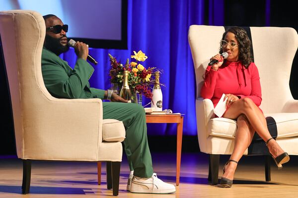 Rapper Rick Ross speaks to Georgia State Law students at the conclusion of Legal Life course with Professor Mo Ivory at The Rialto Theatre on Tuesday, Nov. 7, 2023. The Legal Life of Rick Ross course explores the entertainer’s contracts and legal deals. (Natrice Miller/ Natrice.miller@ajc.com)