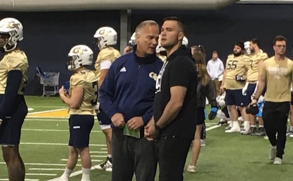 Former Georgia coach Mark Richt at Georgia Tech spring practice with his son, Jon, on March 10, 2020. (AJC photo by Ken Sugiura)