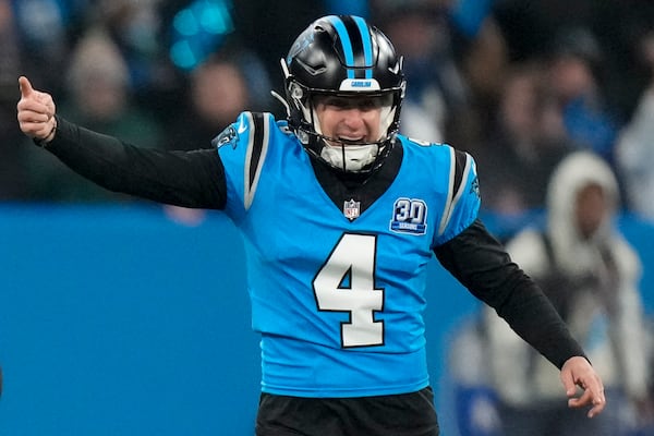 Carolina Panthers kicker Eddy Pineiro celebrates after kicking the game-winning field goal in overtime against New York Giants during an NFL football game, Sunday, Nov. 10, 2024, in Munich, Germany. (AP Photo/Matthias Schrader)