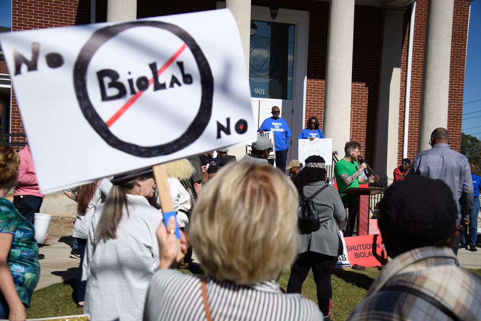 Rockdale County residents at a weekend rally calling for the shutdown of BioLab.