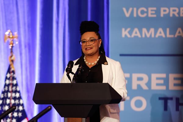 U.S. Rep. Nikema Williams, D-Atlanta, speaks during an event at the Georgia International Convention Center to kick off her economic tour focusing on improving opportunities for Black men on Monday, April 29, 2024. (Natrice Miller/ AJC)