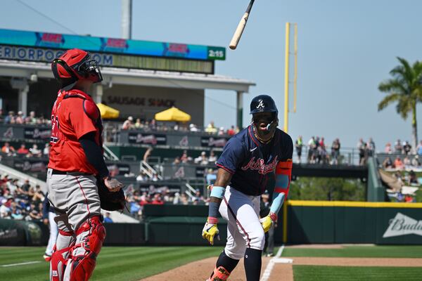 Atlanta Braves right fielder Ronald Acuna Jr. reacts after popping a ball during the third inning of Atlanta Braves’ home opener spring training baseball game at CoolToday Park, Sunday, Feb. 25, 2024, in North Port, Florida. (Hyosub Shin / Hyosub.Shin@ajc.com)