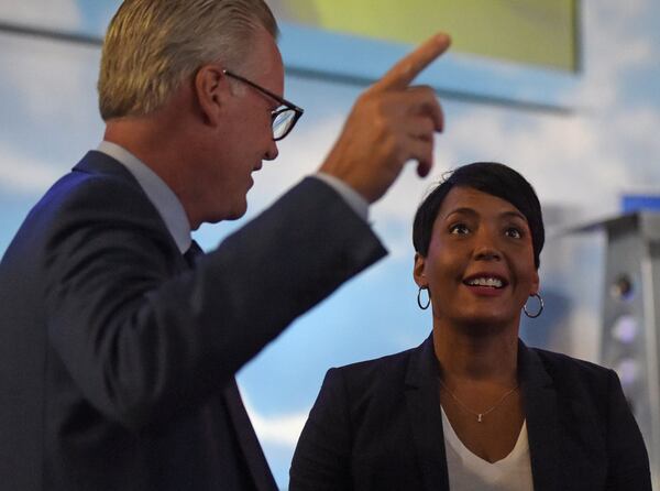 7/17/18 - Atlanta - Atlanta Mayor Keisha Lance Bottoms, right, speaks with Delta Air Lines CEO Ed Bastian at Delta’s launch reception for its Delta Shanghai route at the Delta Flight Museum on Tuesday, July 17. Jenna Eason / Jenna.Eason@coxinc.com