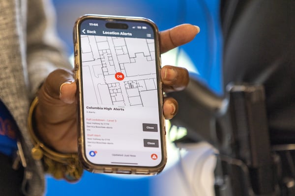 The Centegix Crisis Alert System is used during a demonstration at Columbia High School in Decatur on Thursday, August 3, 2023. (Arvin Temkar / arvin.temkar@ajc.com)