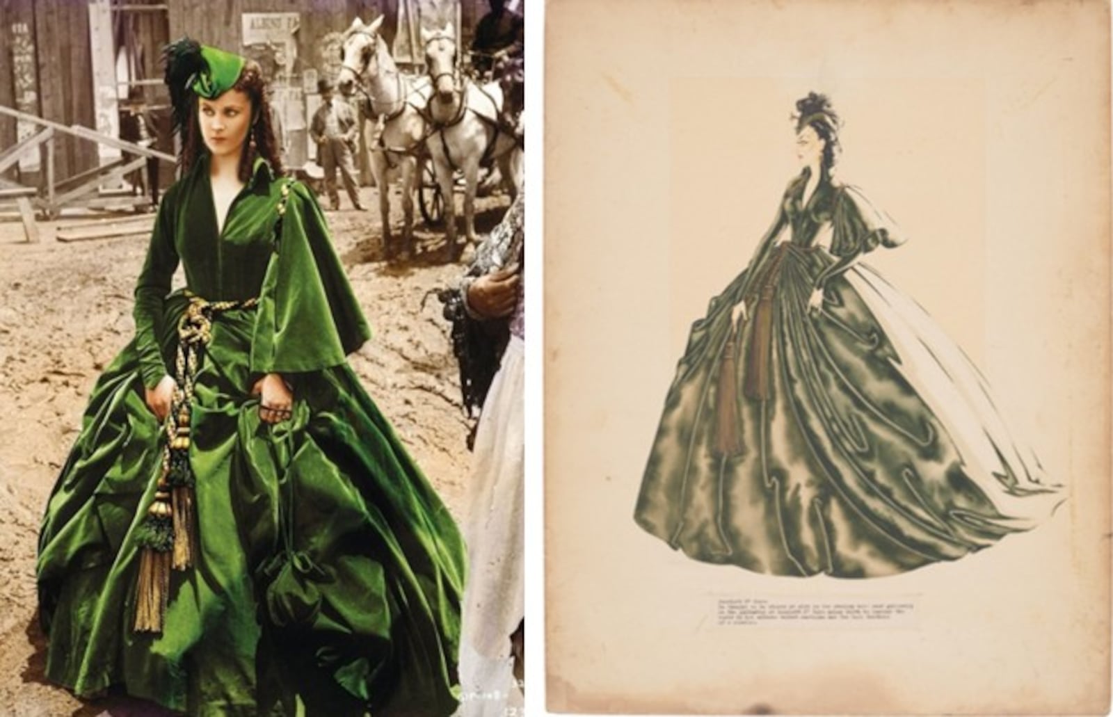 A costume sketch by Walter Plunkett of a dress worn by Scarlett O'Hara (Vivien Leigh) when she attempts and fails to deceive Rhett Butler into loaning her money to pay the taxes on Tara in "Gone with the Wind" valued at $10,000 to $15,000. BONHAMS