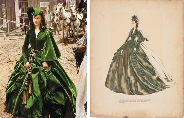 This costume sketch by Walter Plunkett of a dress worn by Scarlett O'Hara (Vivien Leigh) in "Gone with the Wind" is valued at $10,000 to $15,000. Leigh wears the dress in a scene she attempts and fails to deceive Rhett Butler (Clark Gable) into loaning her money to pay the taxes on Tara. Courtesy of Bonhams