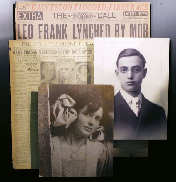 These newspaper pages and photos of Leo Frank and Mary Phagan are on display at the Southern Museum of Civil War & Locomotive History in Kennesaw. A new exhibit, "Seeking Justice: The Leo Frank Case Revisited," starts Monday, the 100th anniversary of Frank's death. AJC photo: BOB ANDRES / BANDRES@AJC.COM