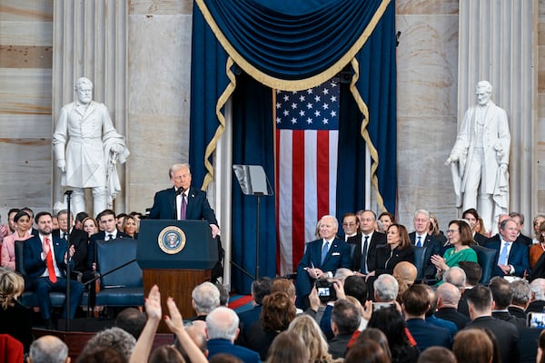 President Donald Trump speaks after taking the oath of office during the 60th Presidential Inauguration in the Rotunda of the U.S. Capitol in Washington, Monday, Jan. 20, 2025. (Kenny Holston/The New York Times via AP, Pool)