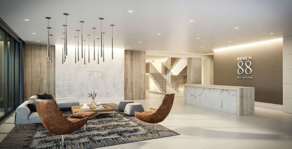 Rendering of the lobby at Seven88