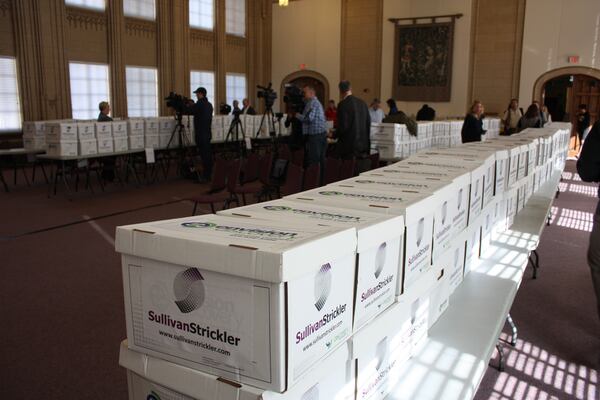  Hundreds of boxes filling with documents related to a City of Atlanta bribery probe fill the old City Council chamber. CHRIS JOYNER / CJOYNER@AJC.COM