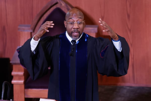 U.S. Sen.Raphael Warnock delivers the sermon during a memorial service at Ebenezer Baptist Church on Monday, February 3, 2023. Taylor, a homeless man, died during an incident involving city workers clearing a homeless encampment on January 16.
(Miguel Martinez/ AJC)