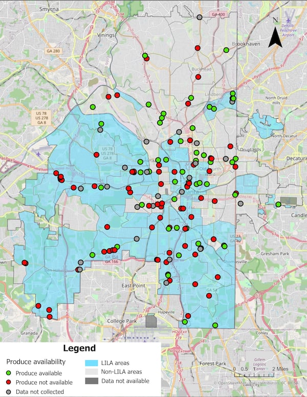 Produce availability among stores in the city of Atlanta by LILA (low income, low access) vs. non-LILA areas. The gray dots in the maps represent stores that Emory was not able to collect data from, including stores that were permanently closed, not open, pharmacies without food, or refused to participate.