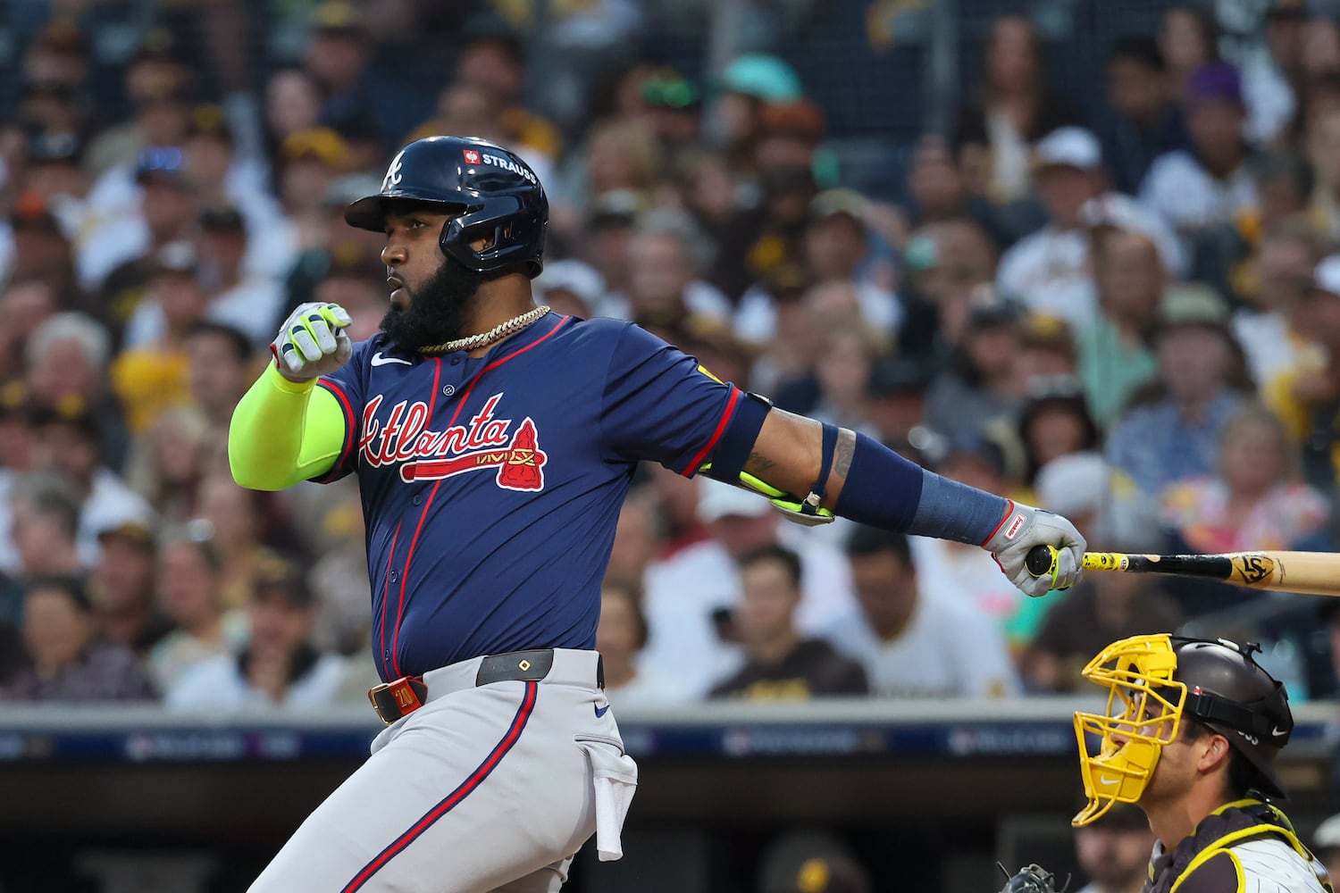 Atlanta Braves designated hitter Marcell Ozuna (20) singles against the San Diego Padres during the third inning of National League Division Series Wild Card Game One at Petco Park in San Diego on Tuesday, Oct. 1, 2024.   (Jason Getz / Jason.Getz@ajc.com)