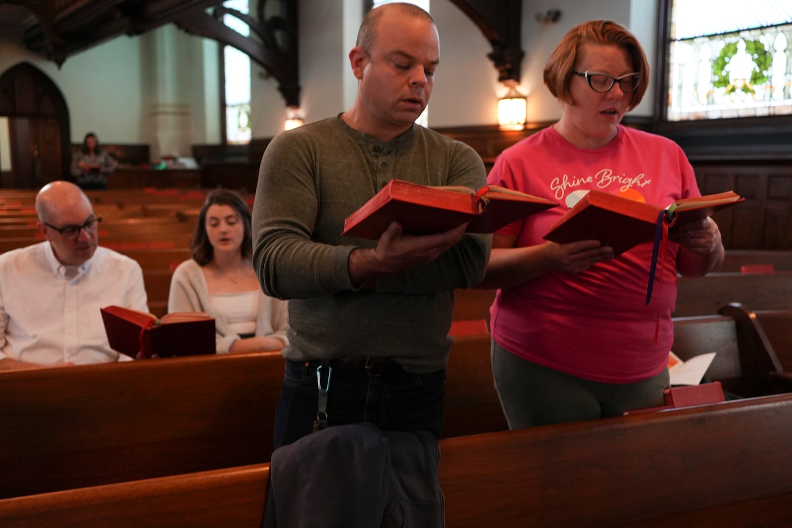 Congregants worship at Grace United Methodist in Harrisburg, Pa., on Sunday, Oct. 27, 2024. (AP Photo/Luis Andres Henao)