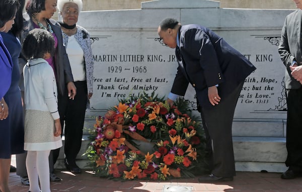 April 4, 2016 - Atlanta - Martin Luther King III lays a wreath on his fathers tomb. King family members were among those laying a memorial wreath on the tomb of Dr. Martin Luther King, Jr, on the 48th anniversary of Dr. Martin Luther King Jr's assassination. . BOB ANDRES / BANDRES@AJC.COM