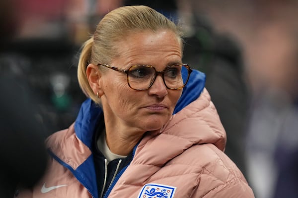 England's head coach Sarina Wiegman watches her team during the International friendly women soccer match between England and United States at Wembley stadium in London, Saturday, Nov. 30, 2024. (AP Photo/Kirsty Wigglesworth)