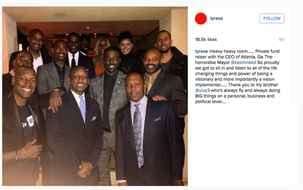 Actor Tyrese Gibson posted this photo from an event he described as a private fundraiser with Atlanta Mayor Kasim Reed.