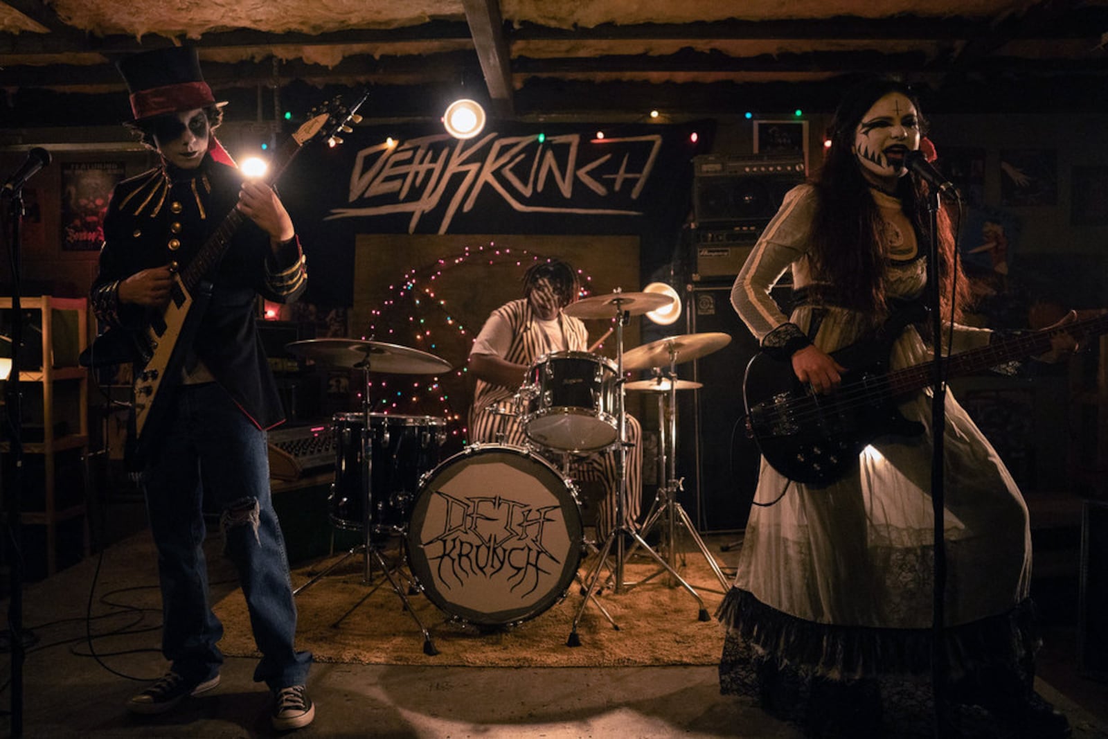 Emjay Anthony (from left) as Dylan, Kezii Curtis as Spud and Chiara Aurelia as Jordy are the heavy metal band Deth Krunch in "Hysteria!" Photo by Daniel Delgado/Peacock