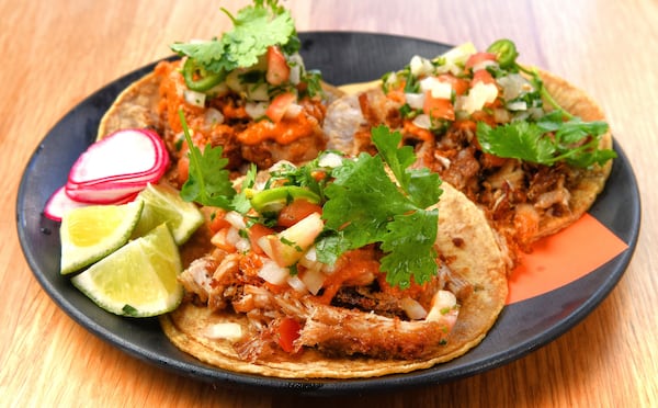 One of Azotea Cantina's taco options is "Suadero" (slow cooked prime brisket, peanut-arbol chile salsa, pico de gallo). (Chris Hunt for The Atlanta Journal-Constitution)