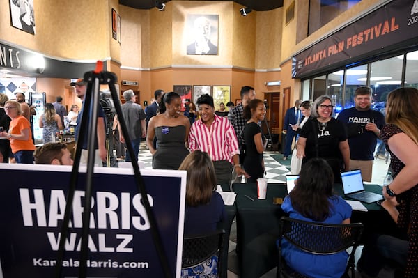 Supporters for Vice President Kamala Harris arrive for Democrat Debate watch party at Tara Theater, Tuesday, September 10, 2024, in Atlanta. The ABC News debate, which begins at 9 p.m., is expected to be the only chance for voters to see the two rivals in a side-by-side confrontation this election season. (Hyosub Shin / AJC)