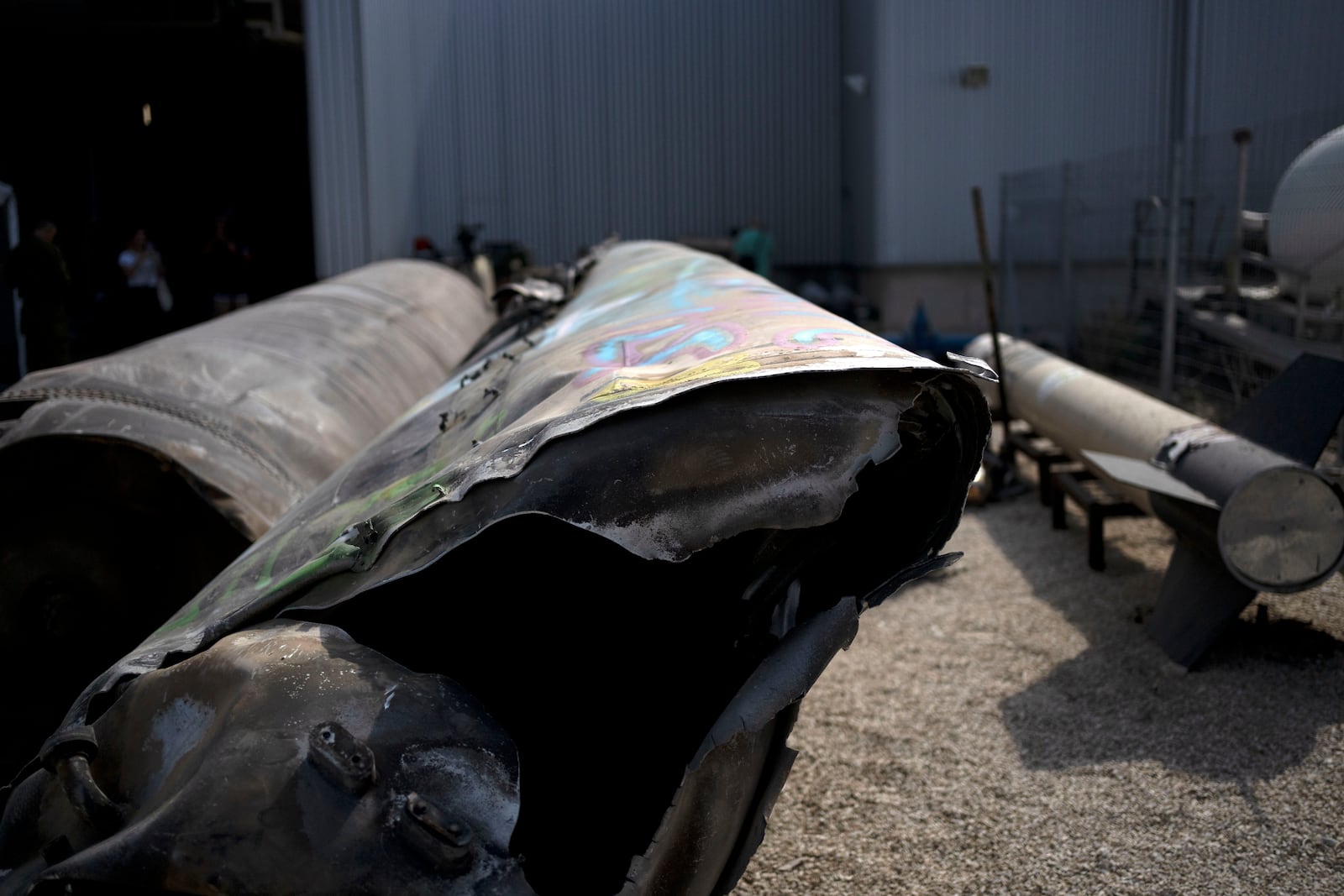 Iranian ballistic missile components that were fired at Israel are displayed during a government-organized media tour on a base in southern Israel, Wednesday, Oct. 9, 2024. (AP Photo/Maya Alleruzzo)