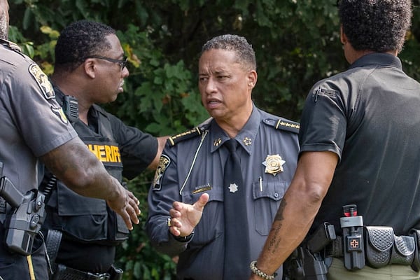 Sheriff Labat talks to officials at the Fulton County Jail waiting for Trump’s arrival in Atlanta on Thursday, August 24, 2023. (Katelyn Myrick/katelyn.myrick@ajc.com)