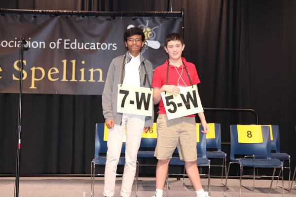 Georgia spelling champion Sai Lakkimsetti and runner-up Matthew Baber pose at the Georgia Association of Educators State Spelling Bee. The two represented Georgia in the Scripps National Spelling Bee. (Courtesy of Georgia Association of Educators)