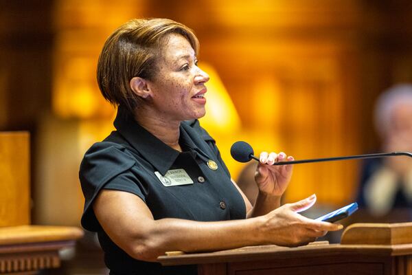 State Rep. Mesha Mainor, D-Atlanta, speaks during morning orders in the House of Representatives at the Capitol in Atlanta on Wednesday, February 15, 2023. (Arvin Temkar / arvin.temkar@ajc.com)