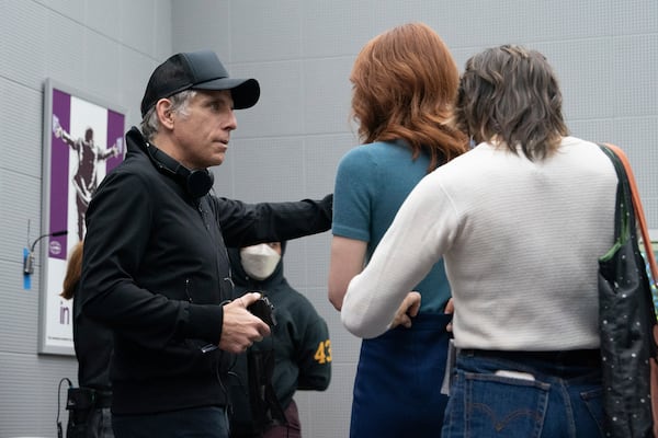 This image released by Apple TV+ shows Ben Stiller, left, and Britt Lower on the set of "Severance." (Apple TV+ via AP)