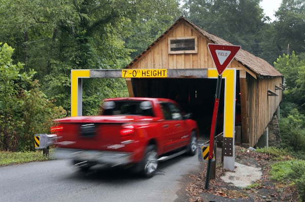 The Concord Road Covered Bridge over Nickajack Creek, a historic covered bridge that was entered into the the National Register of Historic Places in 1980, was renovated last fall for four months and at a $802,000 cost to taxpayers. It avoids catastrophe regularly, usually from contruction equipment and rented U-Haul trucks.