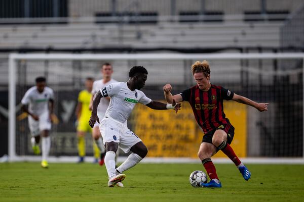 Atlanta United 2 forward Jackson Conway dribbles the ball during the first half of the USL match against Memphis 901 FC at Fifth-Third Bank Stadium in Kennesaw, Georgia, on Saturday July 18, 2020. (Photo by Dakota Williams/Atlanta United)