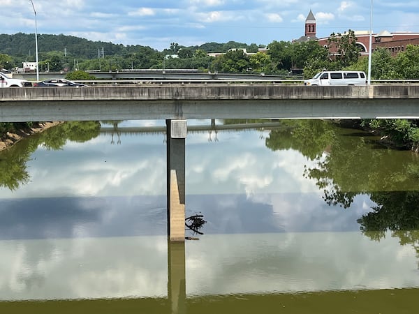 The Oostanaula and Etowah rivers meet in Rome, Georgia, near the bridge seen here. Six years ago, Rome officials were forced to switch the city’s water supply from the Oostanaula to the Etowah. The city is among 10 North Georgia communities where PFAS chemicals have been found in drinking water supplies at higher levels than the Environmental Protection Agency declares is safe. (Andy Miller/KHN)