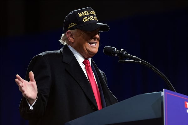 Republican presidential nominee former President Donald Trump speaks at a campaign rally at Atrium Health Amphitheater, Sunday, Nov. 3, 2024, in Macon, Ga. (AP Photo/Evan Vucci)