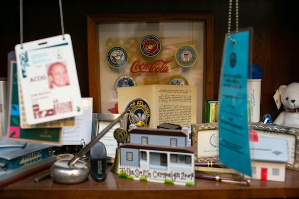 In his Atlanta office, Sam Massell keeps knickknacks from his time as mayor of Atlanta and president of the Buckhead Coalition. (Photo/Rebecca Wright for the AJC)