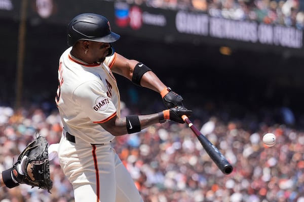 San Francisco Giants' Jorge Soler during a baseball game against the Philadelphia Phillies in San Francisco, Monday, May 27, 2024. (AP Photo/Jeff Chiu)