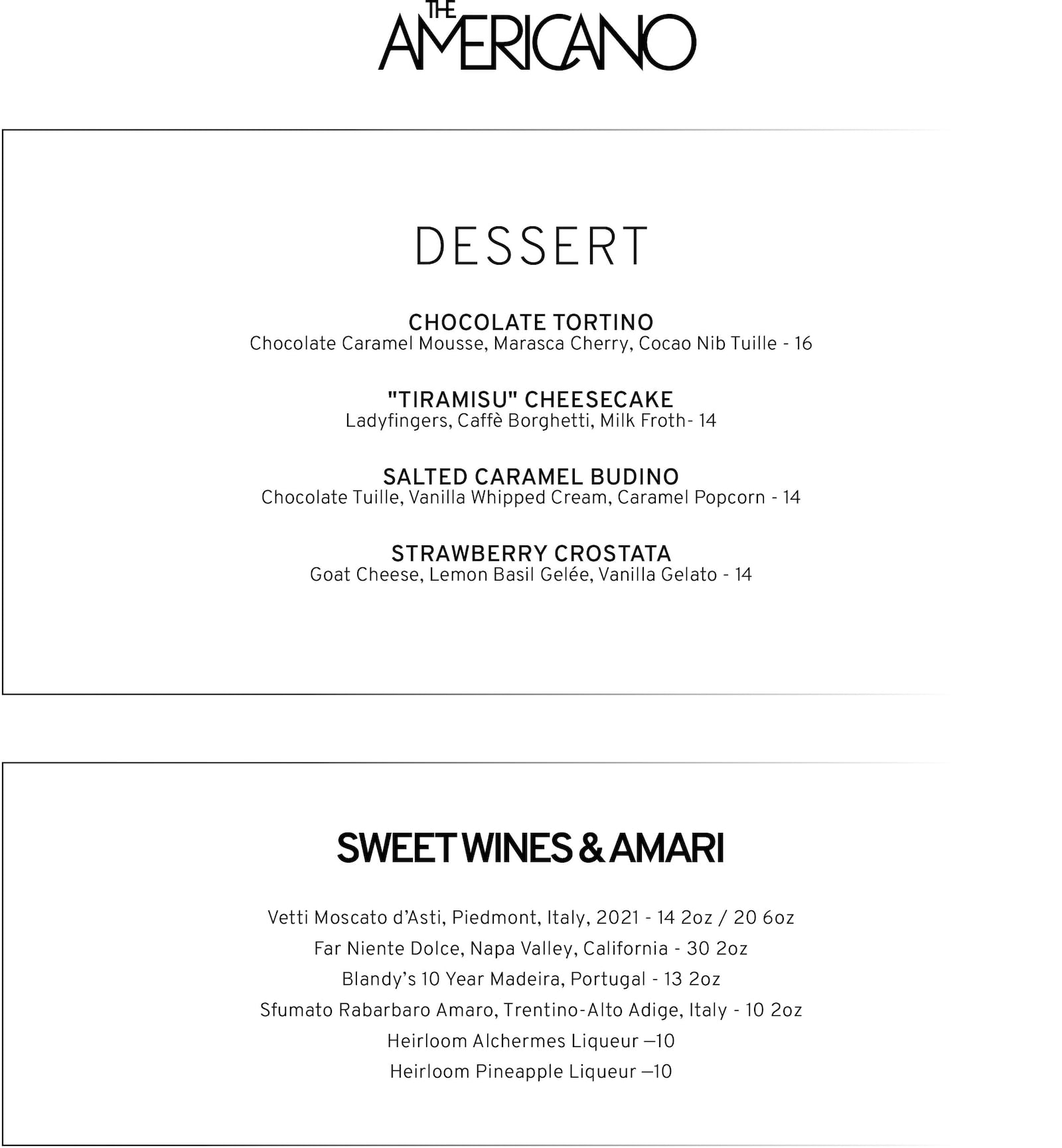 Americano dessert menu