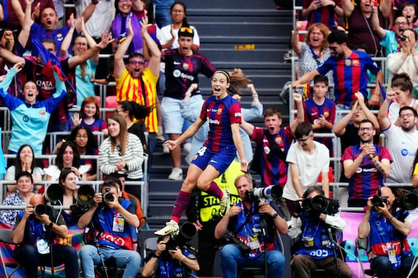 FILE - Barcelona's Aitana Bonmati celebrates scoring her side's first goal during the women's Champions League final soccer match between FC Barcelona and Olympique Lyonnais at the San Mames stadium in Bilbao, Spain, Saturday, May 25, 2024. (AP Photo/Jose Breton, File)