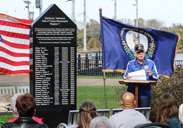 Adrian Bambini, Class of 2021) speaks at the Region 7, Kentucky Veterans Hall of Fame Foundation Ceremony, Friday, Nov. 8, 2024, during the induction of 12 new members at the monument at Smothers Park in Owensboro, Ky. (Alan Warren//The Messenger-Inquirer via AP)