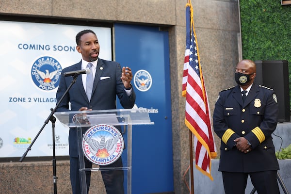 Atlanta Mayor Andre Dickens speaks at the unveiling of the location for a new mini-precinct for Atlanta police on Thursday, January 13, 2022. (Miguel Martinez for The Atlanta Journal-Constitution)