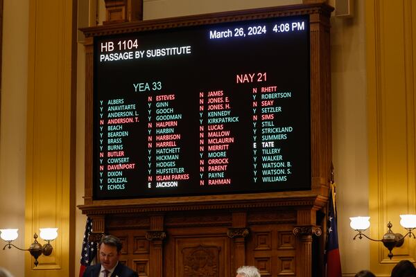 Senators vote in favor of House Bill 1104 on Day 39 of the legislative session at the Georgia State Capitol on Tuesday, March 26, 2024. The original bill, sponsored by Rep. Omari Crawford, D-Decatur, focused on mental health services for student athletes, but was amended with language from other bills involving gender and sex education. (Natrice Miller/ natrice.miller@ajc.com)