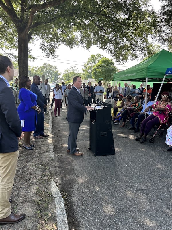 City Manager Jay Melder speaks to the crowd at the historical marker ceremony for former civil rights attorney Robbie Robinson.