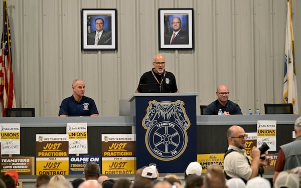 Teamsters Local 728 President Matt Higdon speaks during a rally just days before high-stakes contract talks with UPS are set to resume, at Teamsters Local 728, Saturday, July 22, 2023, in Atlanta. The head of the International Brotherhood of Teamsters revved up the union’s membership in Atlanta on Saturday at a rally just days before high-stakes contract talks with UPS are set to resume. (Hyosub Shin / Hyosub.Shin@ajc.com)