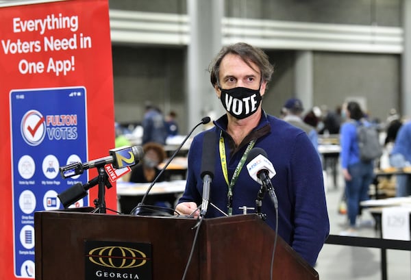 Rick Barron, Fulton County elections director, speaks to members of the press as Fulton's members of a recount team work on hand recount and audit of ballots at the Georgia World Congress Center on Saturday, November 14, 2020. (Photo: Hyosub Shin / Hyosub.Shin@ajc.com)