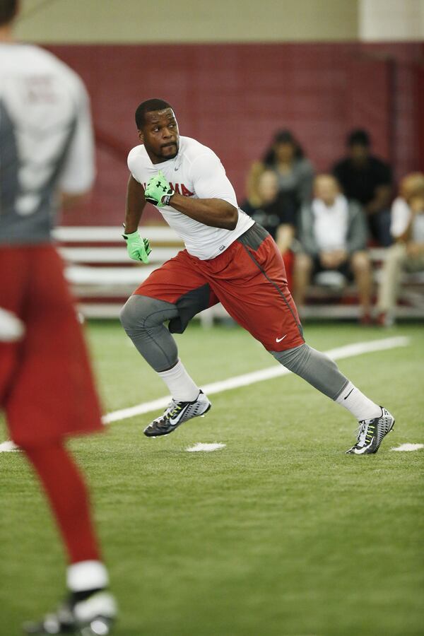 Linebacker Reggie Ragland runs drills during Alabama's NFL football Pro Day, Wednesday, March 9, 2016, in Tuscaloosa, Ala. The event is to showcase players for the upcoming NFL football draft. (AP Photo/Brynn Anderson)